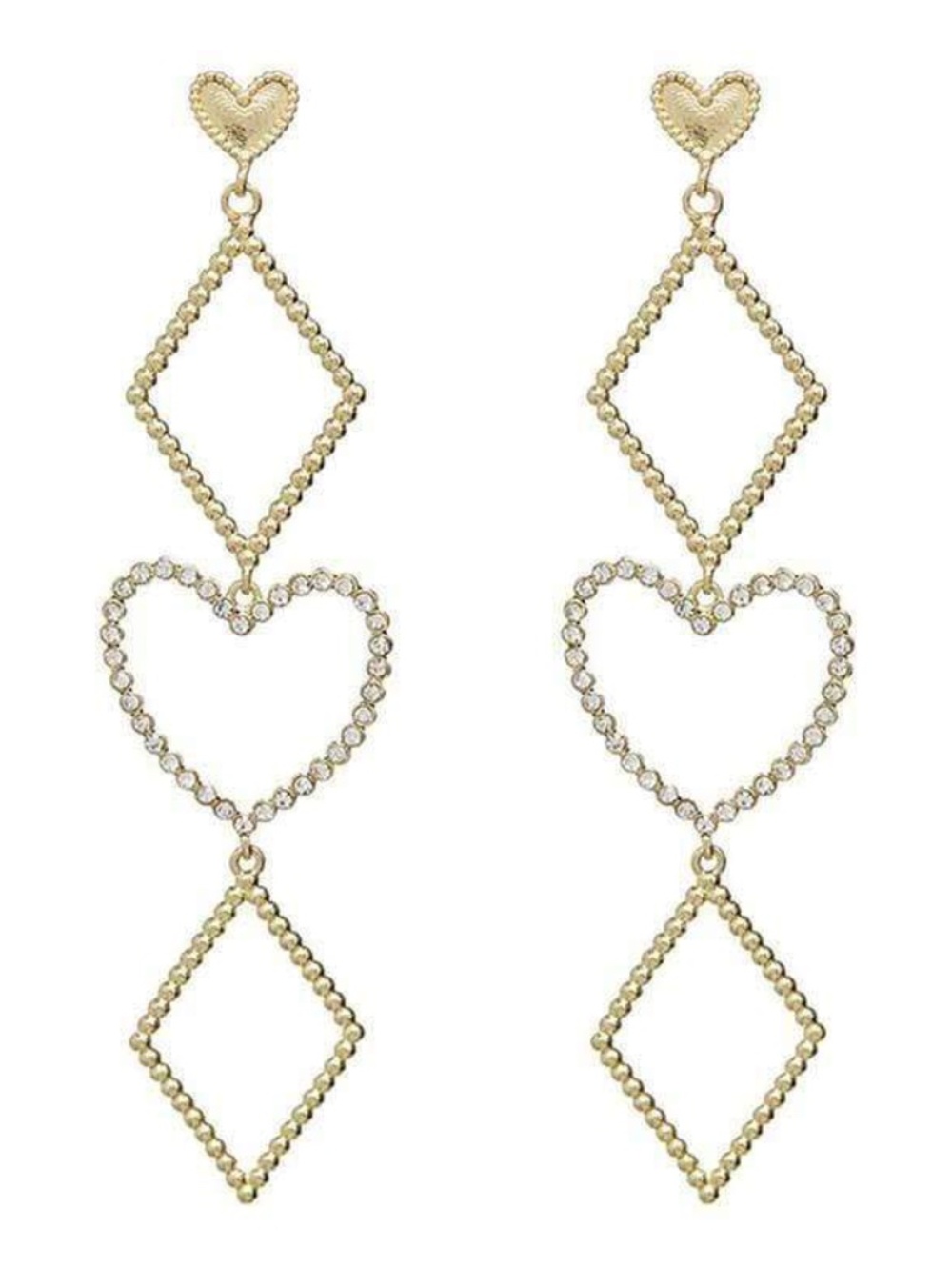 Womens Gold Diamond and Heart Dangle Drop Earrings